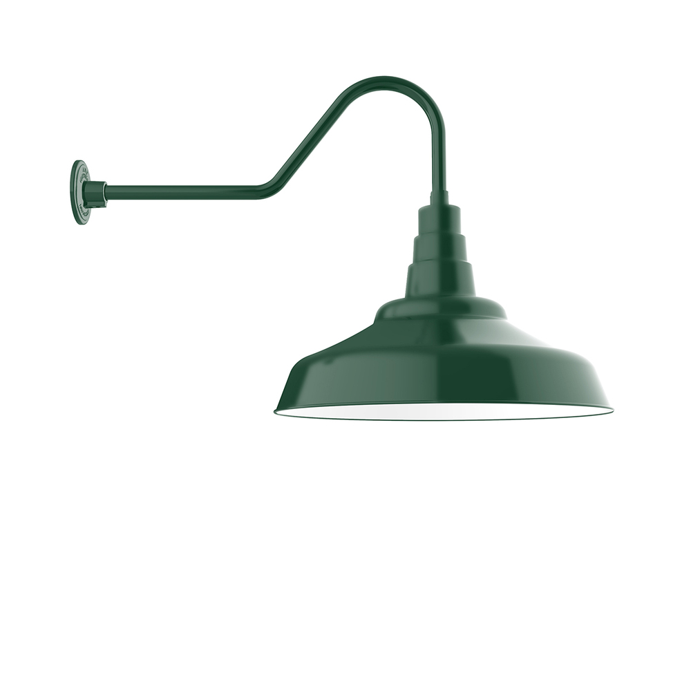 24" Warehouse shade, gooseneck wall mount, decorative canopy cover & clear glass & cast guard