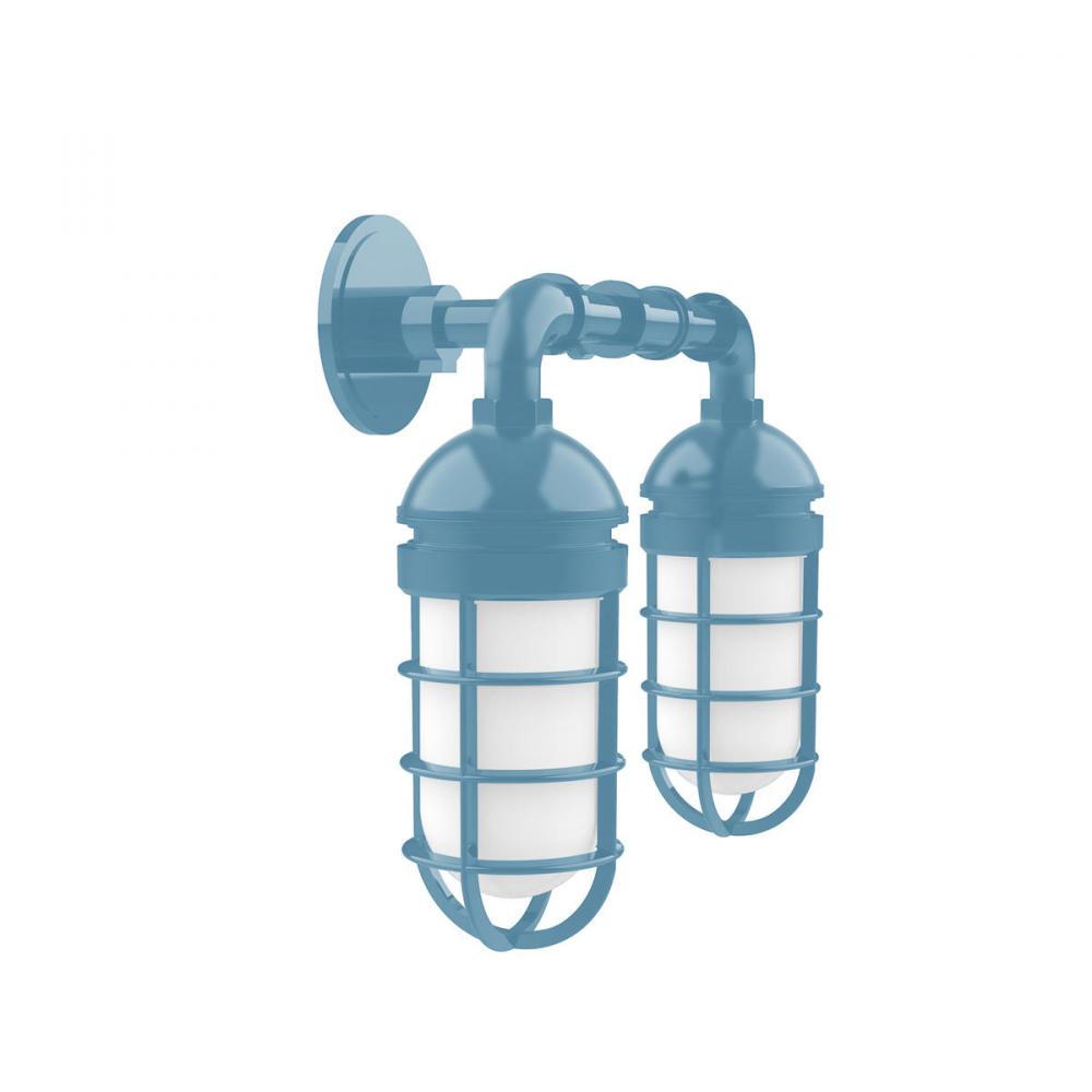 Vaportite, no shade, double wall mount with clear glass and cast guard, Light Blue
