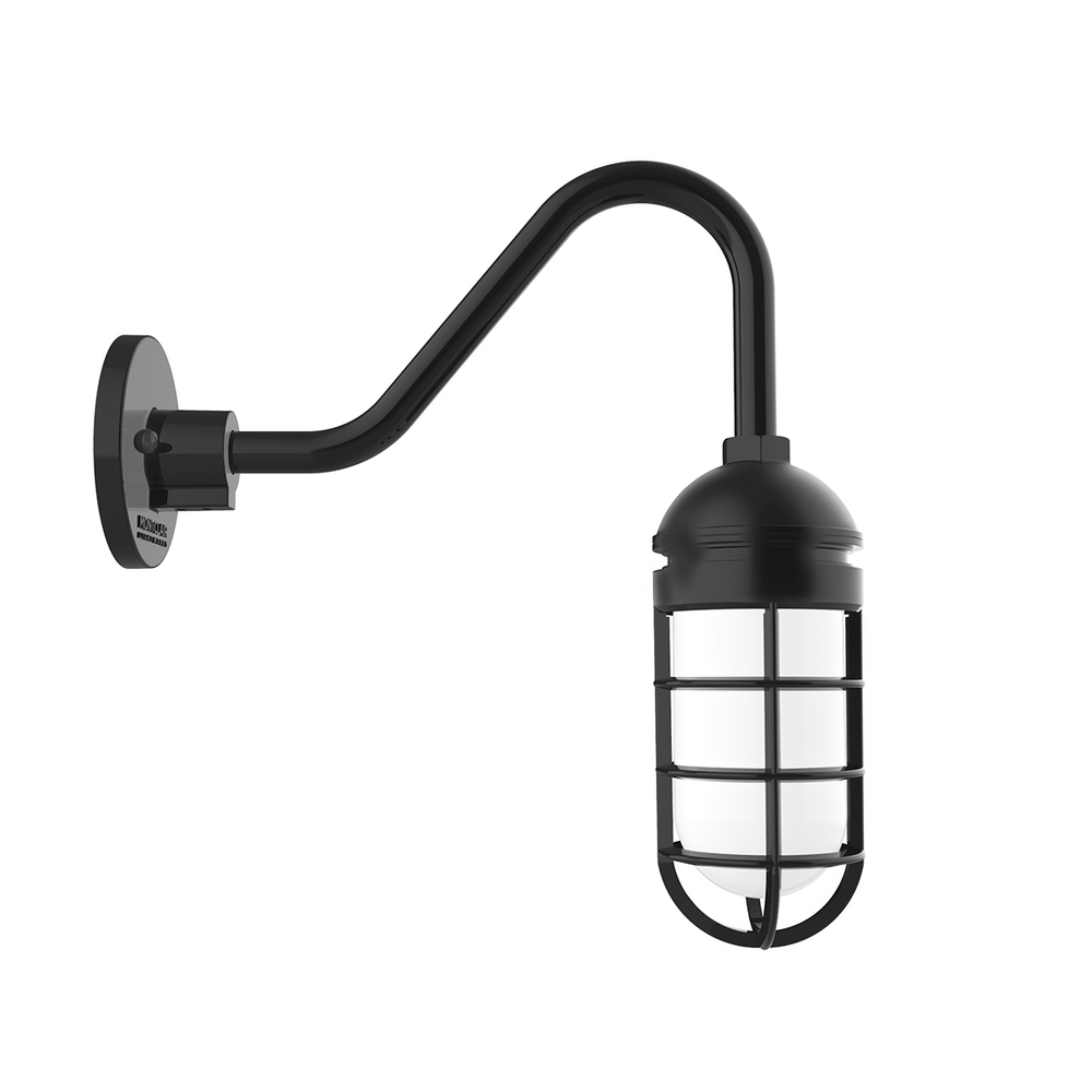 Vaportite, no shade, gooseneck wall mount with clear glass and cast guard, Black
