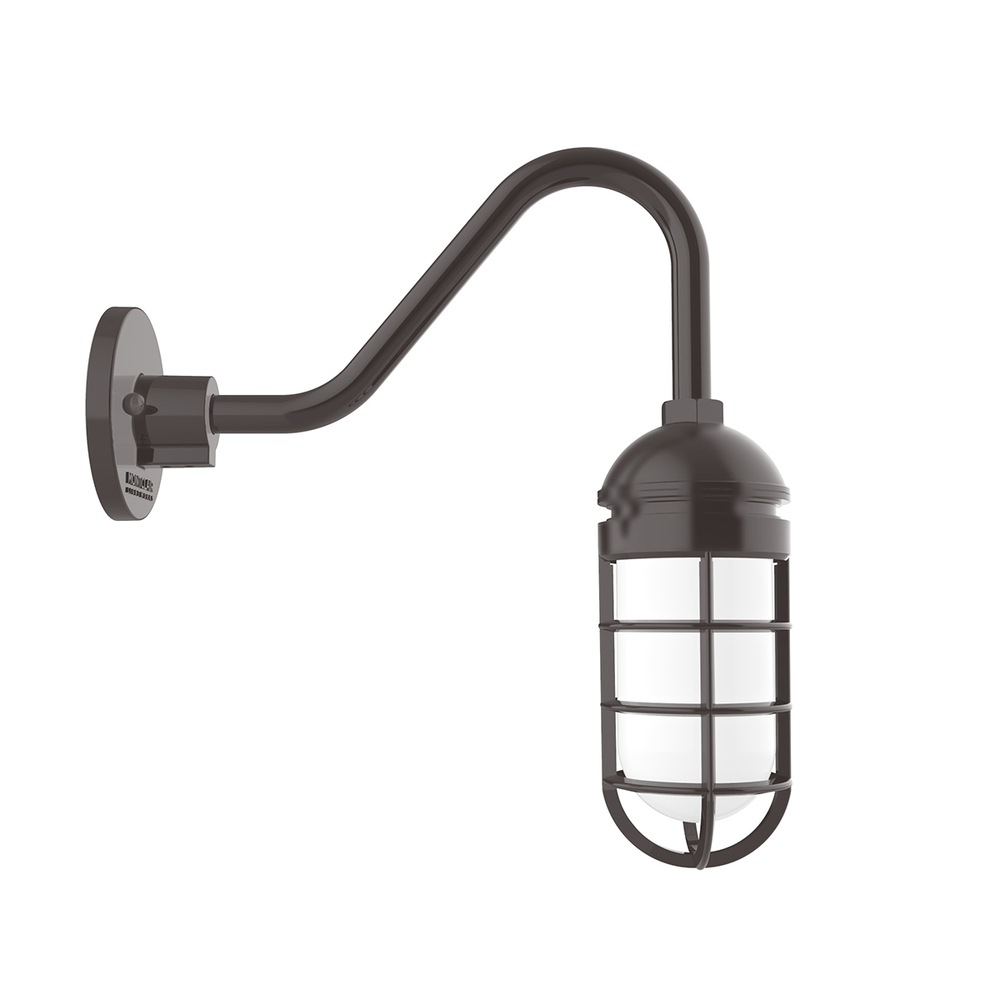 Vaportite, no shade, gooseneck wall mount with clear glass and cast guard, Architectural Bronze