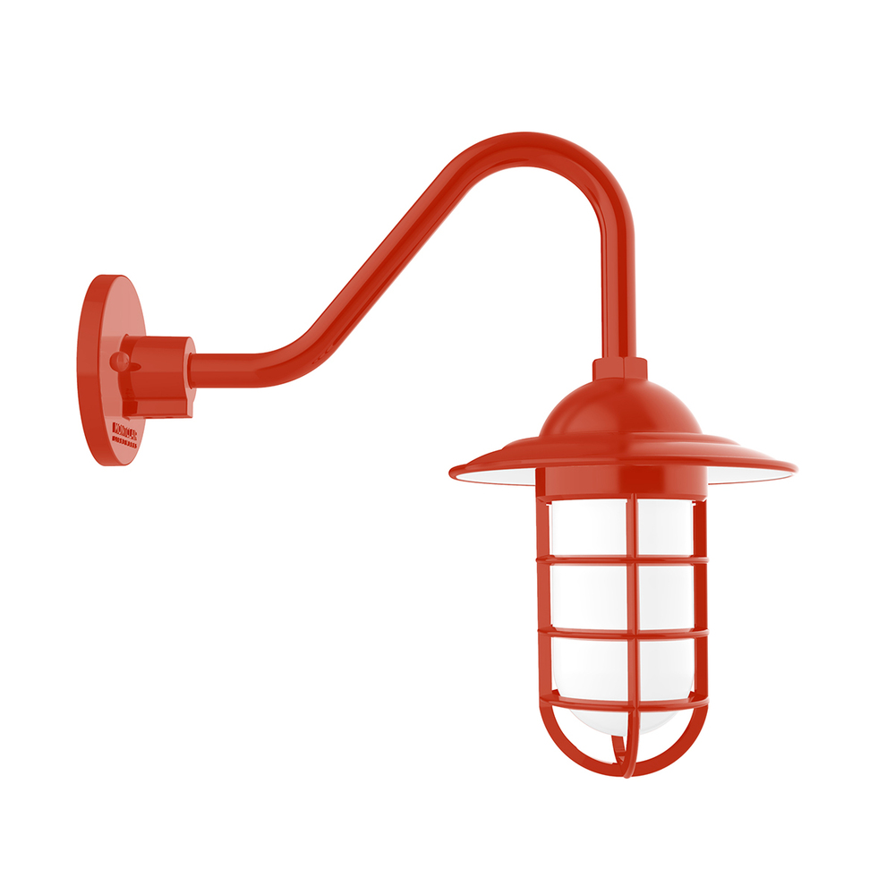Vaportite, Style A shade, gooseneck wall mount with clear glass and cast guard, Vermillion