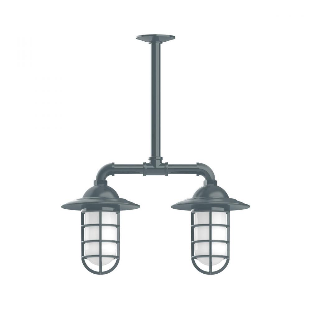 Vaportite, Style A shade, 2-light stem hung pendant with clear glass and cast guard, Bronze Matte