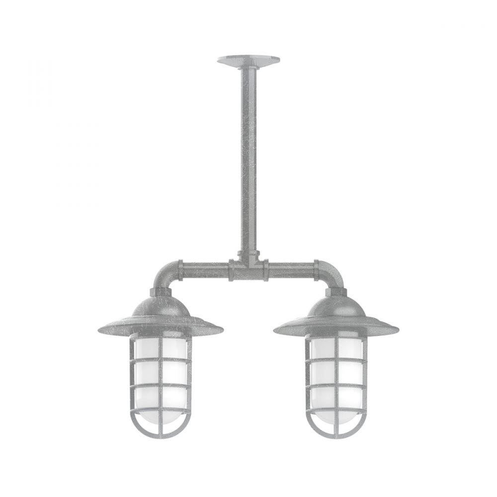 Vaportite, Style A shade, 2-Lt stem hung pendant with clear glass & cast guard, Painted Galvanized