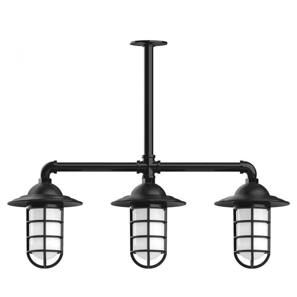 Vaportite, Style A shade, 3-light stem hung pendant with clear glass and cast guard, Black
