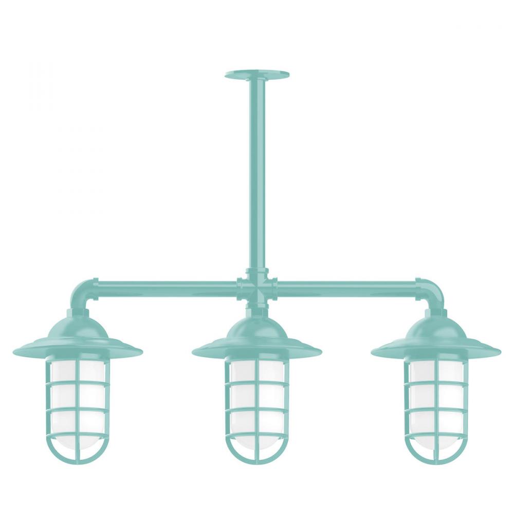 Vaportite, Style A shade, 3-light stem hung pendant with clear glass and cast guard, Sea Green