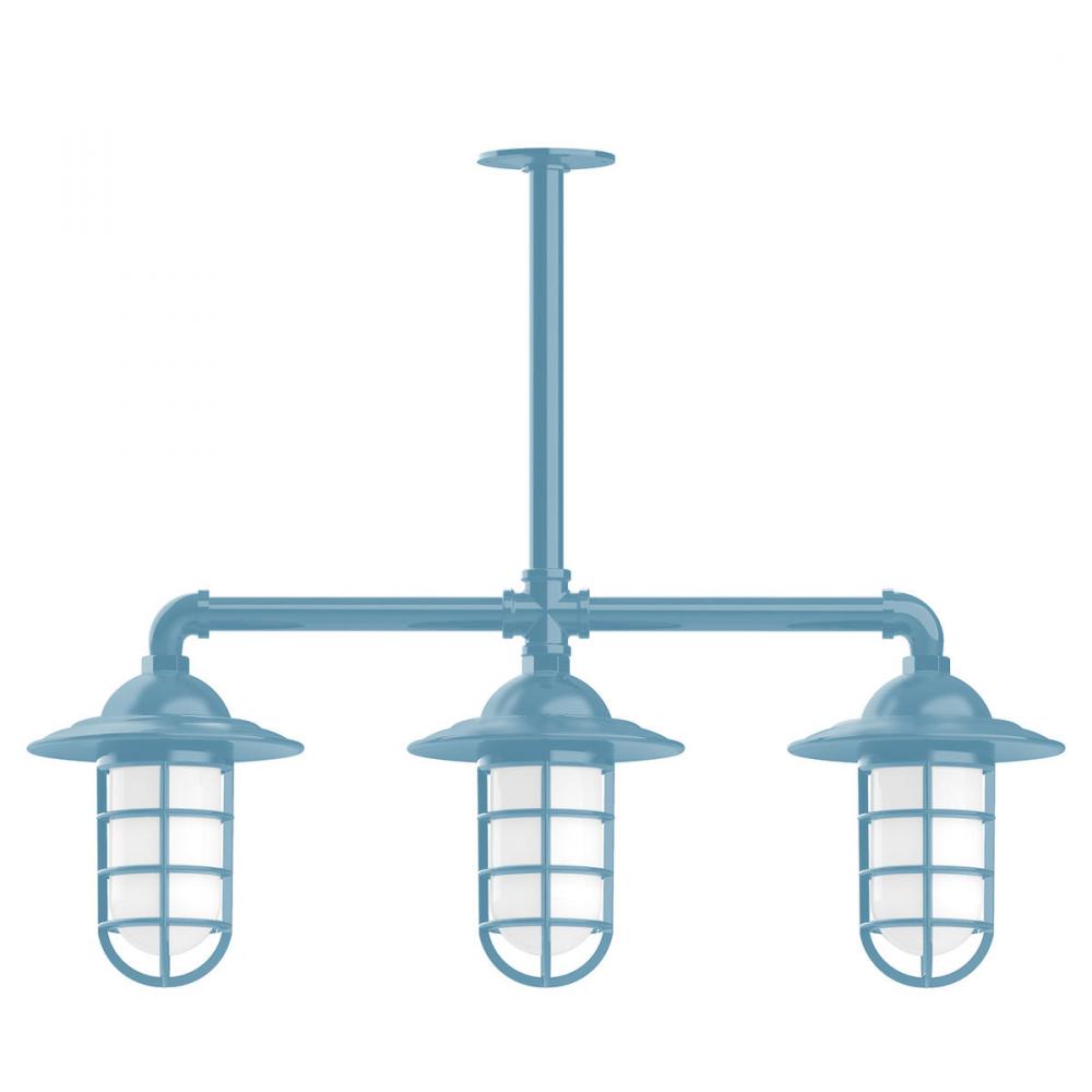 Vaportite, Style A shade, 3-light stem hung pendant with clear glass and cast guard, Light Blue