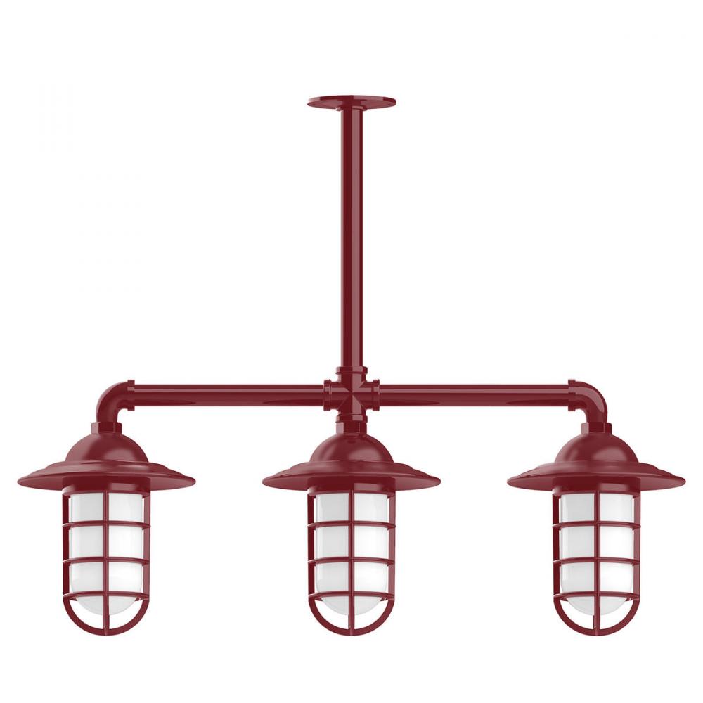 Vaportite, Style A shade, 3-light stem hung pendant with clear glass and cast guard, Barn Red