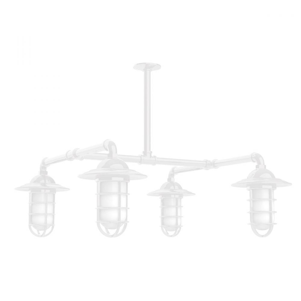 Vaportite, Style A shade, 4-light stem hung pendant with clear glass and cast guard, White