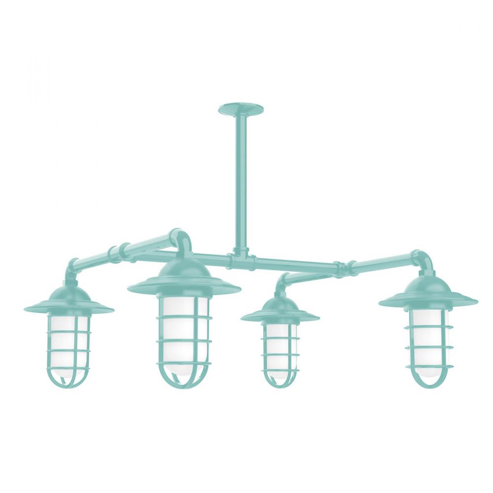 Vaportite, Style A shade, 4-light stem hung pendant with clear glass and cast guard, Sea Green