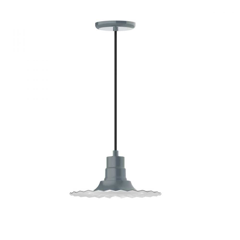 12" Radial shade, pendant w/ cool tweed fabric cord & canopy, Frosted Glass & cast guard, Slate 