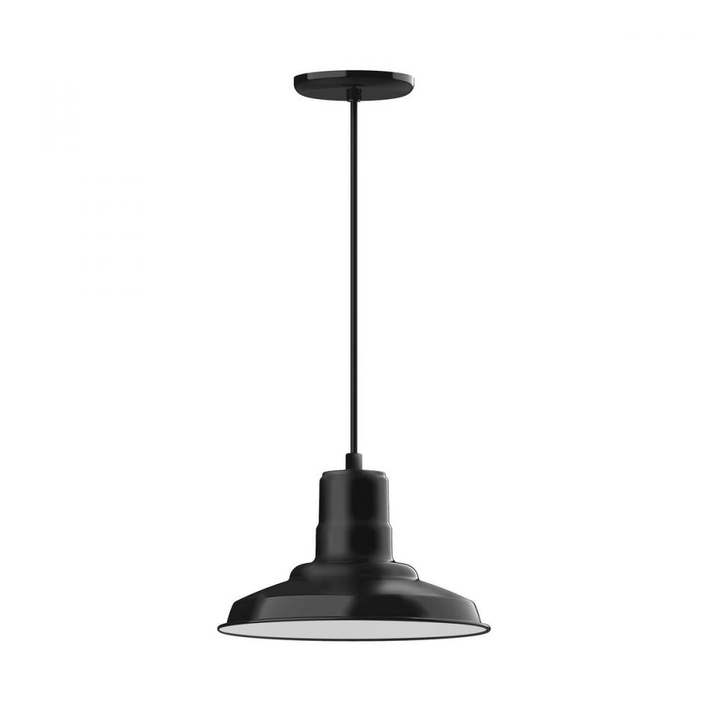 12" Warehouse shade, pendant w/ gray solid fabric cord & canopy, Frosted Glass & cast guard, Bla