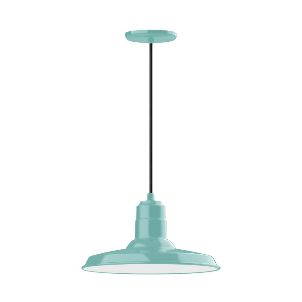 14" Warehouse shade, pendant with navy mini tweed fabric cord and canopy, wire grill, Sea Green