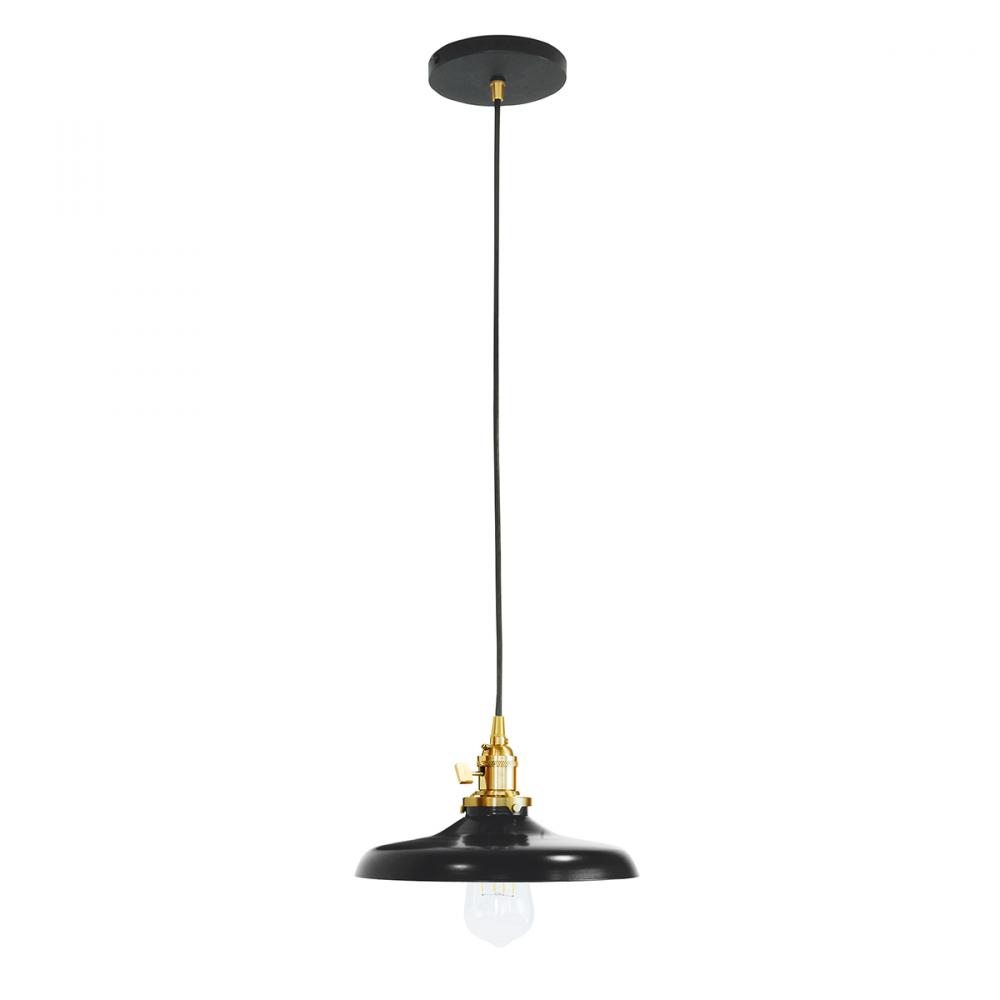 10" Uno Pendant, cool tweed fabric cord with canopy, Black with Brushed Brass Hardware