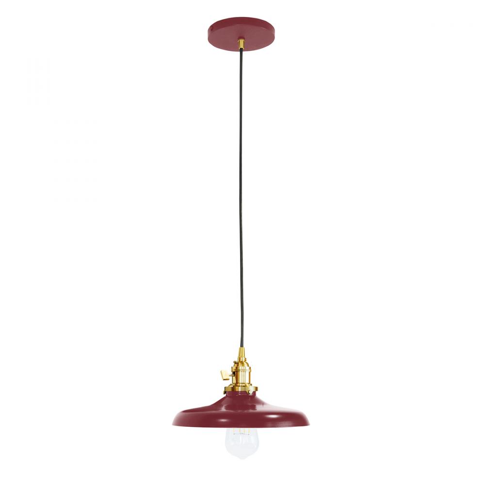 10" Uno Pendant, white cord with canopy, Barn Red with Brushed Brass Hardware