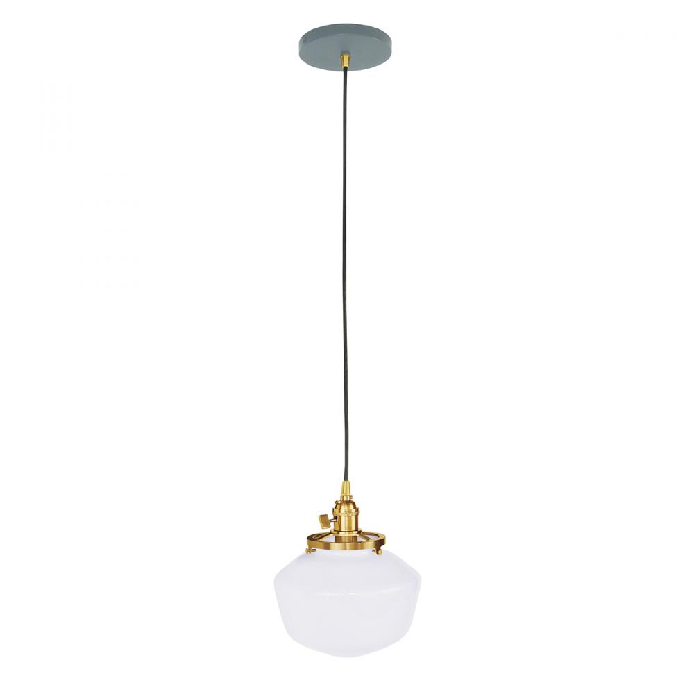 Uno 8" Pendant, with Schoolhouse glass shade,  Slate Gray with Brushed Brass hardware