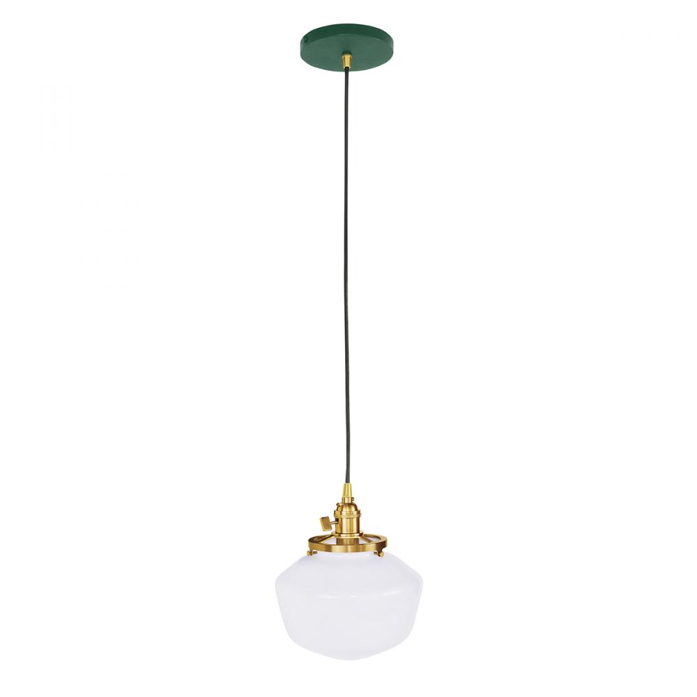 8" Uno Pendant, white cord with canopy, Forest Green with Brushed Brass Hardware