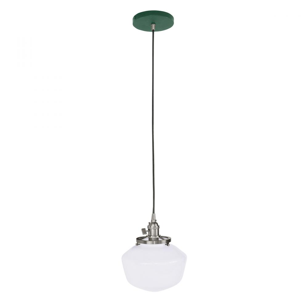 Uno 8" Pendant, with Schoolhouse glass shade,  Forest Green with Brushed Nickel hardware