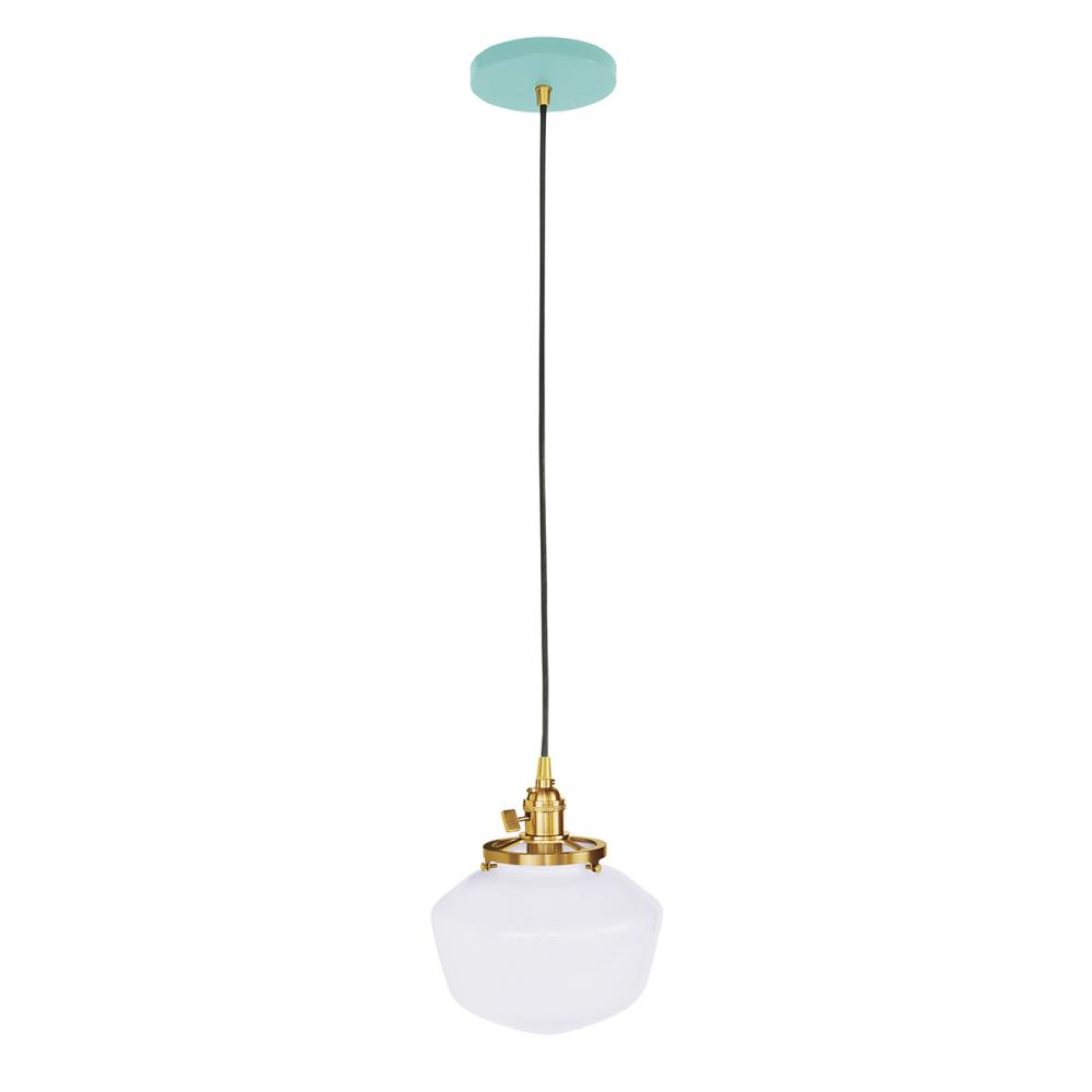 Uno 8" Pendant, with Schoolhouse glass shade,  Sea Green with Brushed Brass hardware