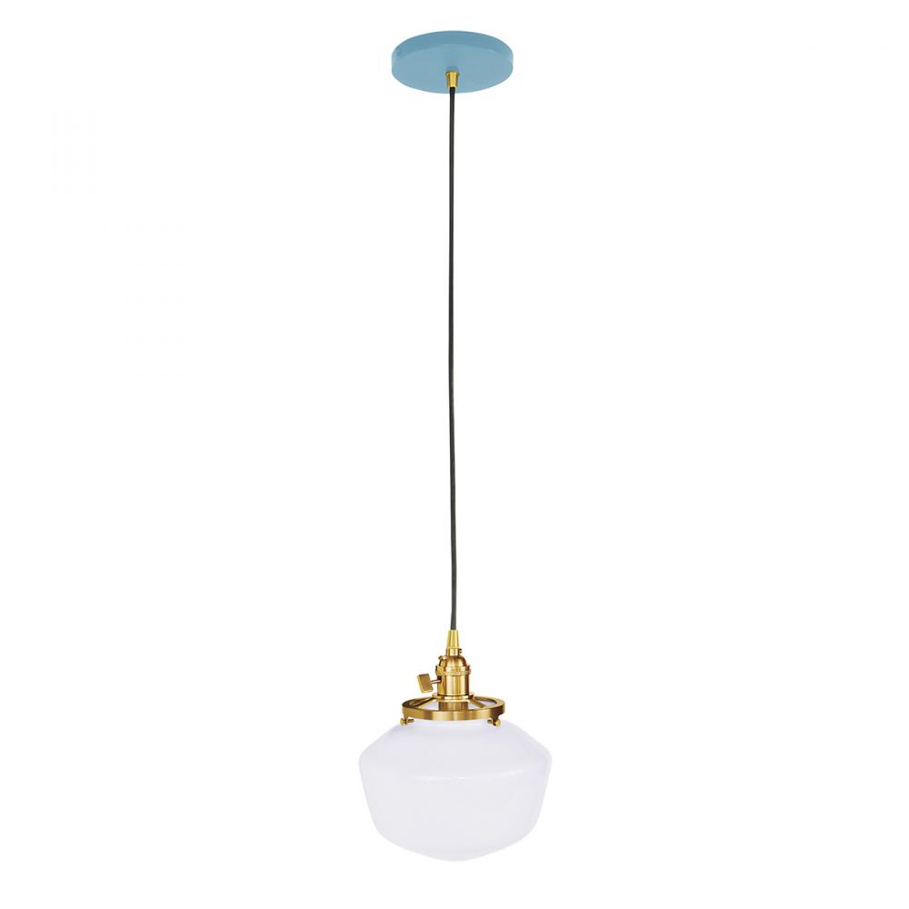 Uno 8" Pendant, with Schoolhouse glass shade,  Light Blue with Brushed Brass hardware