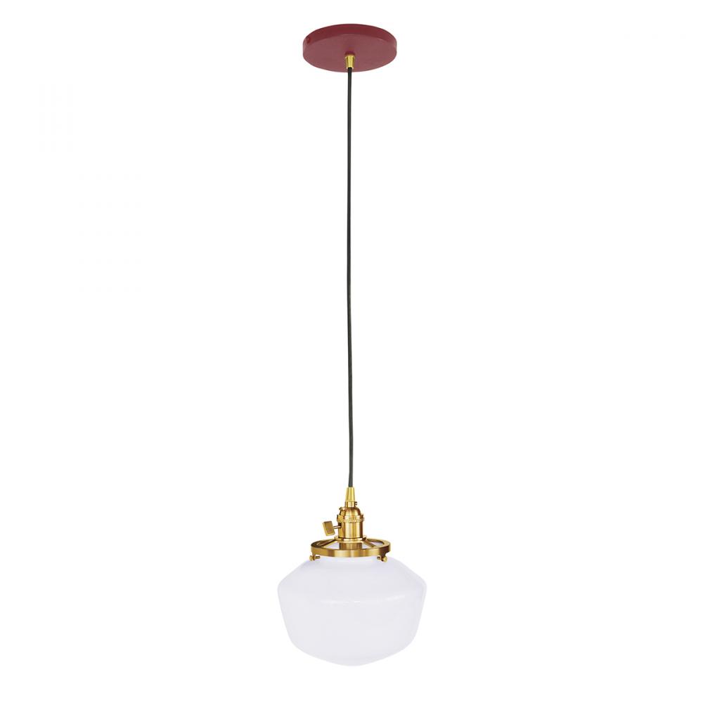 8" Uno Pendant, white cord with canopy, Barn Red with Brushed Brass Hardware