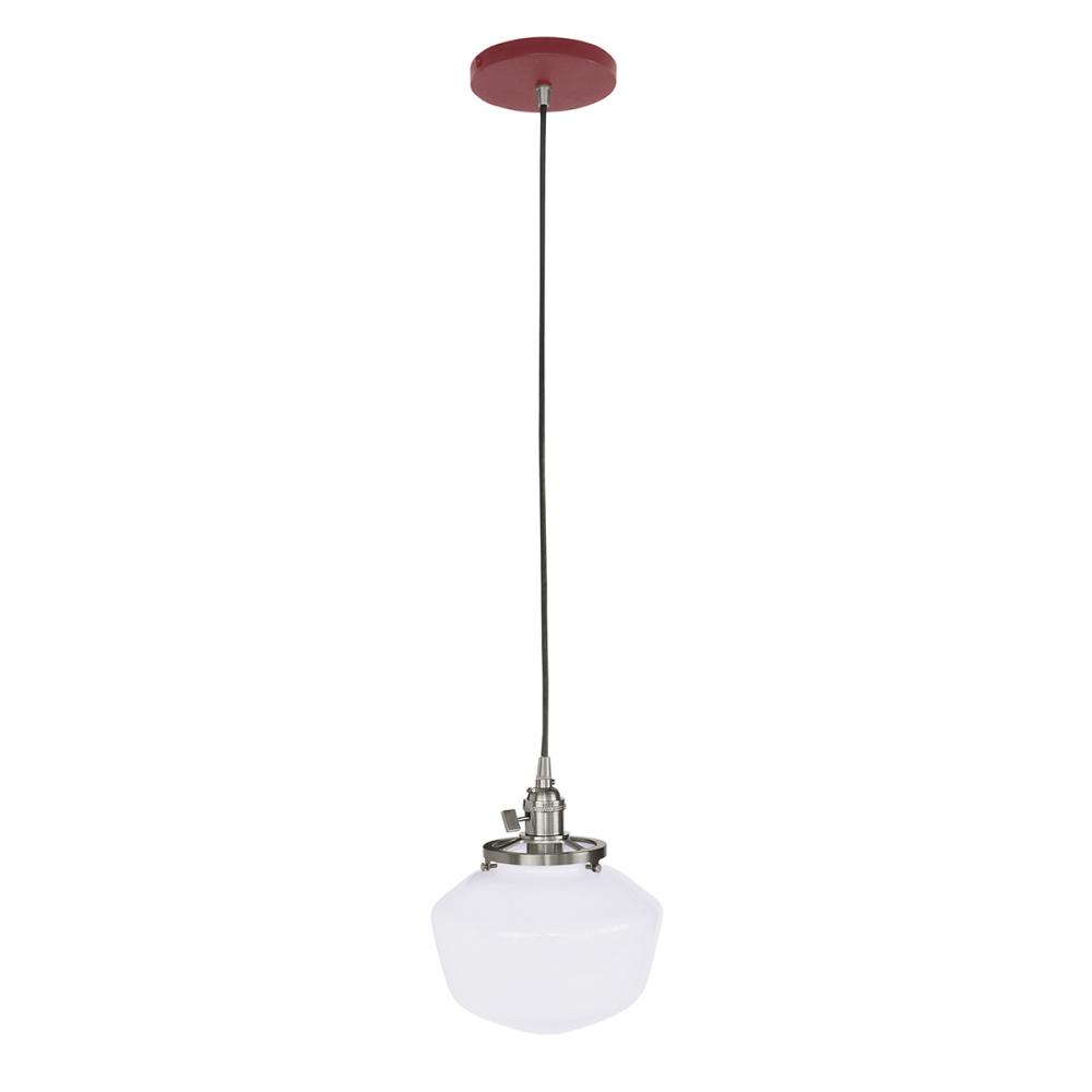 Uno 8" Pendant, with Schoolhouse glass shade,  Barn Red with Brushed Nickel hardware