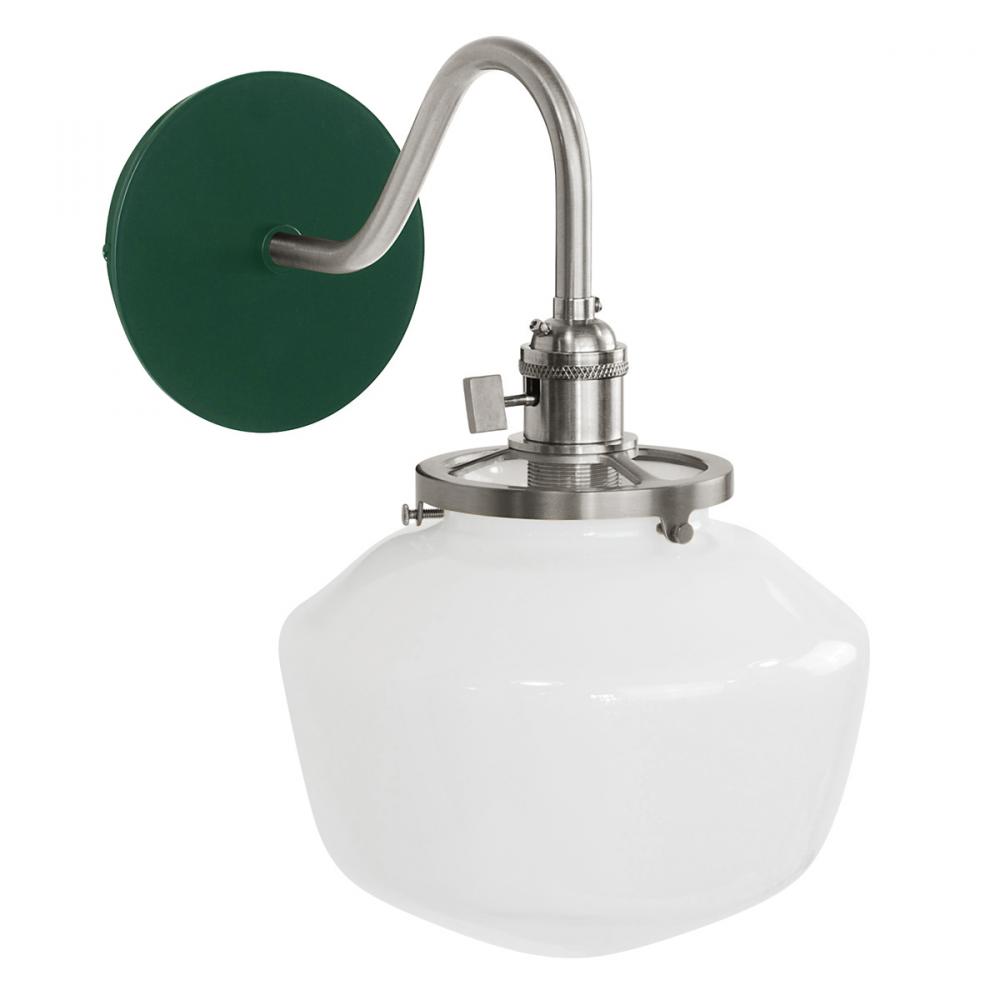 Uno 8" wall sconce, with Schoolhouse glass shade,  Forest Green with Brushed Nickel hardware