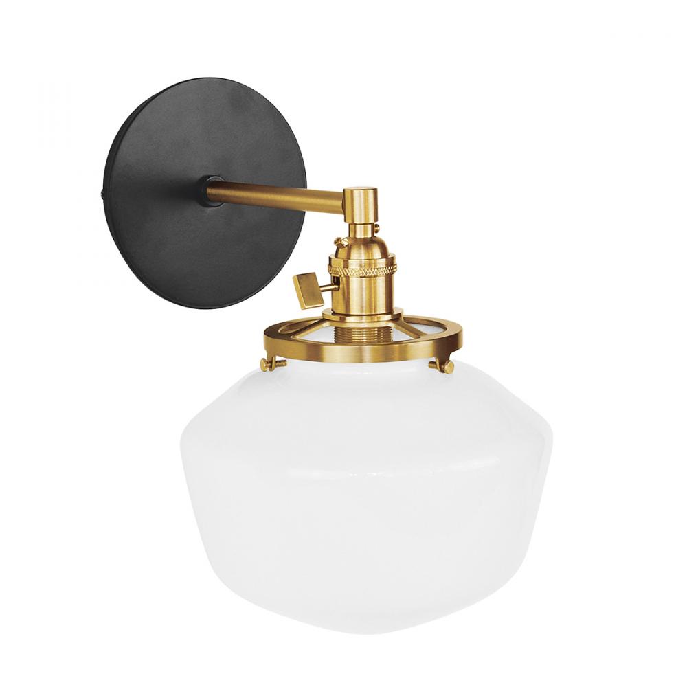 Uno 8" wall sconce, with Schoolhouse glass shade,  Black with Brushed Brass hardware