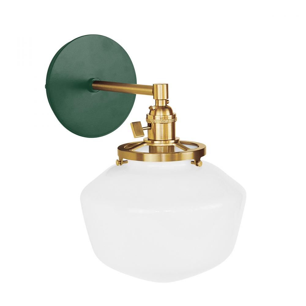 Uno 8" wall sconce, with Schoolhouse glass shade,  Forest Green with Brushed Brass hardware