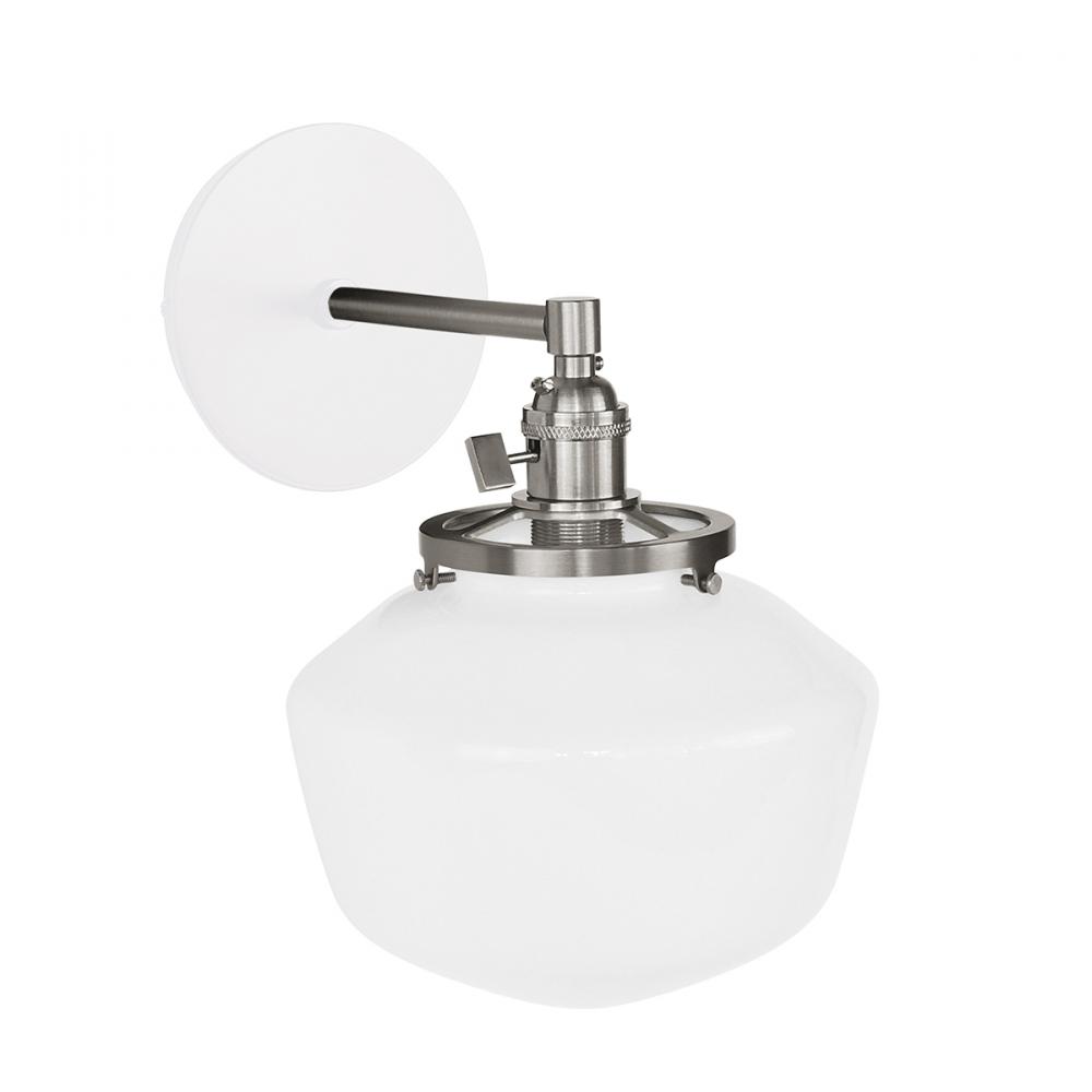 Uno 8" wall sconce, with Schoolhouse glass shade,  White with Brushed Nickel hardware