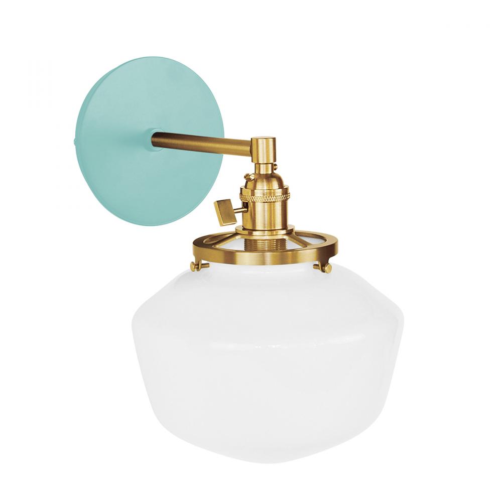Uno 8" wall sconce, with Schoolhouse glass shade,  Sea Green with Brushed Brass hardware